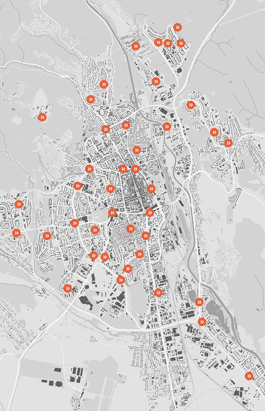 Mapa Košíc s vyznačenými miestami